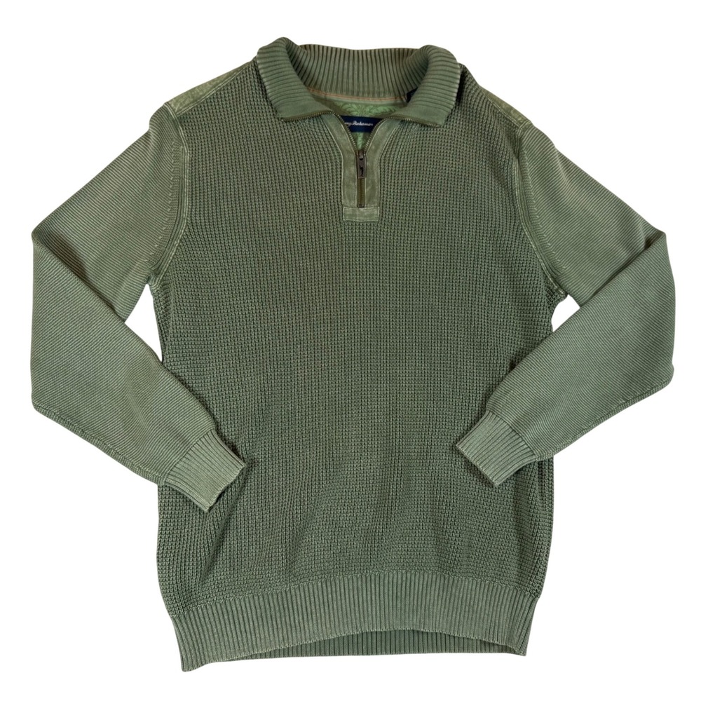 Tommy Bahama Mens Large‎ Green Waffle Knit Cotton Quarter Zip Pullover Sweater
